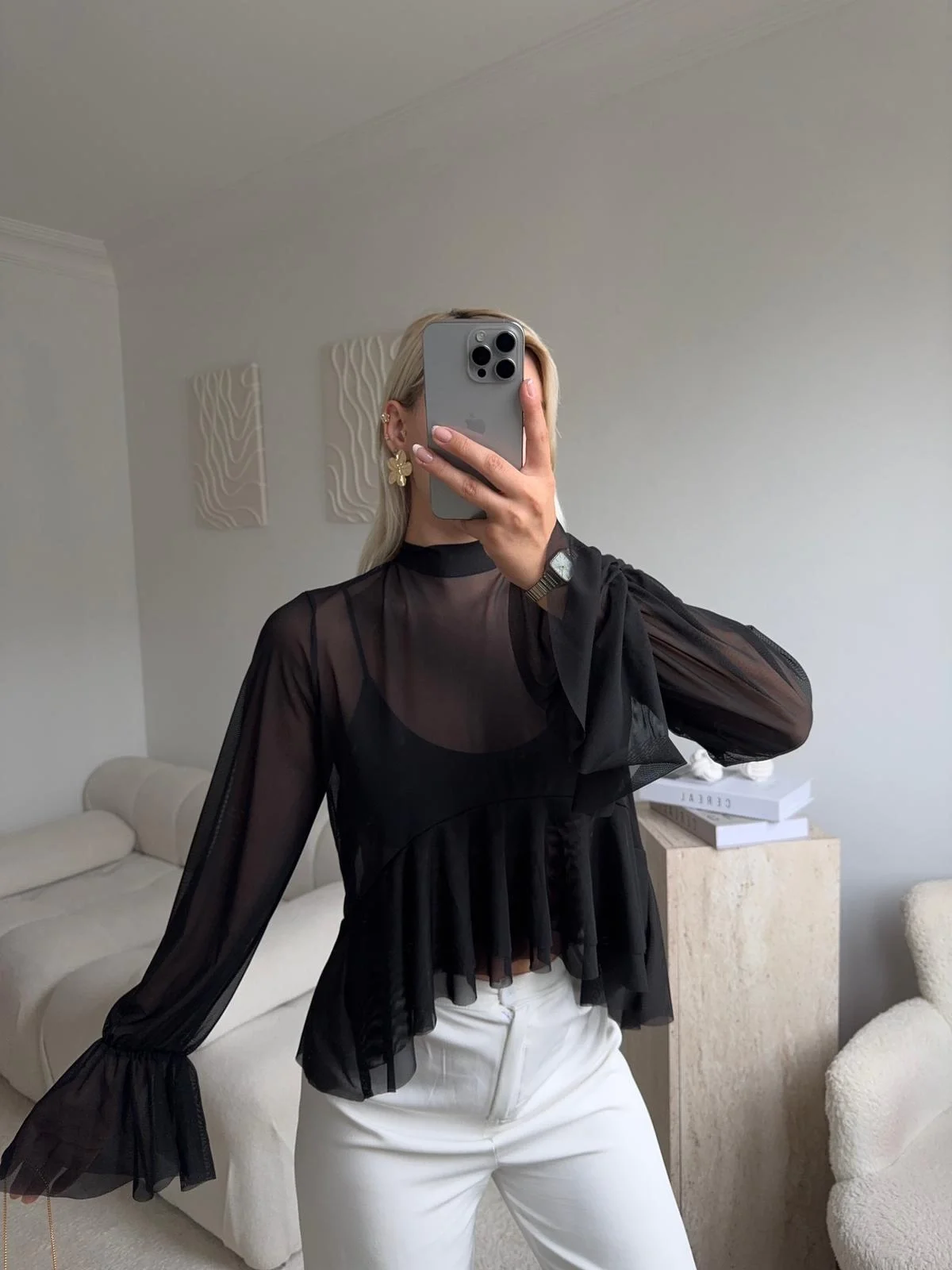 Tül Volanlı Tasarım Bluz - SİYAH