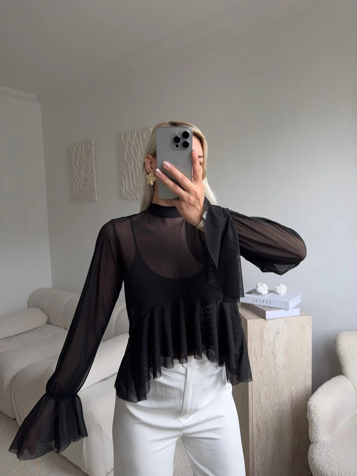 Tül Volanlı Tasarım Bluz - SİYAH