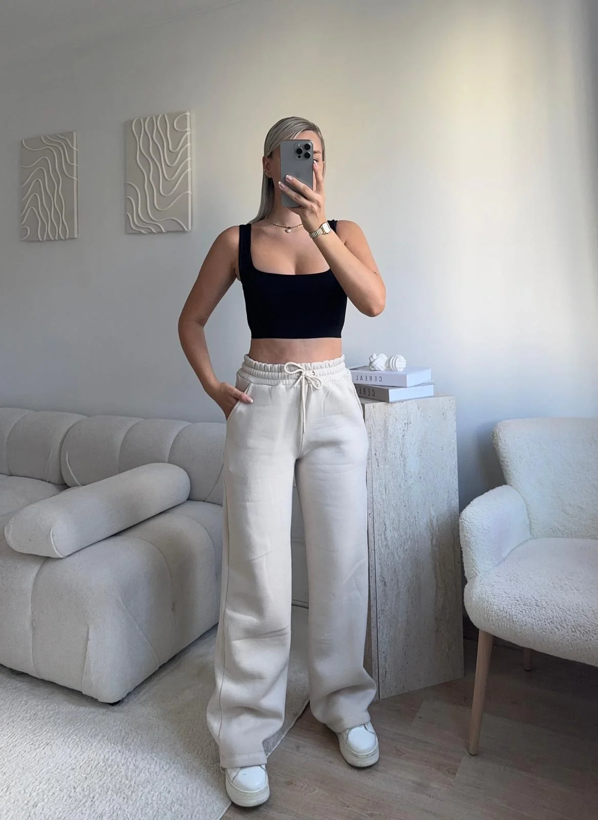 Üç İplik Yüksek Bel Eşofman - BEJ