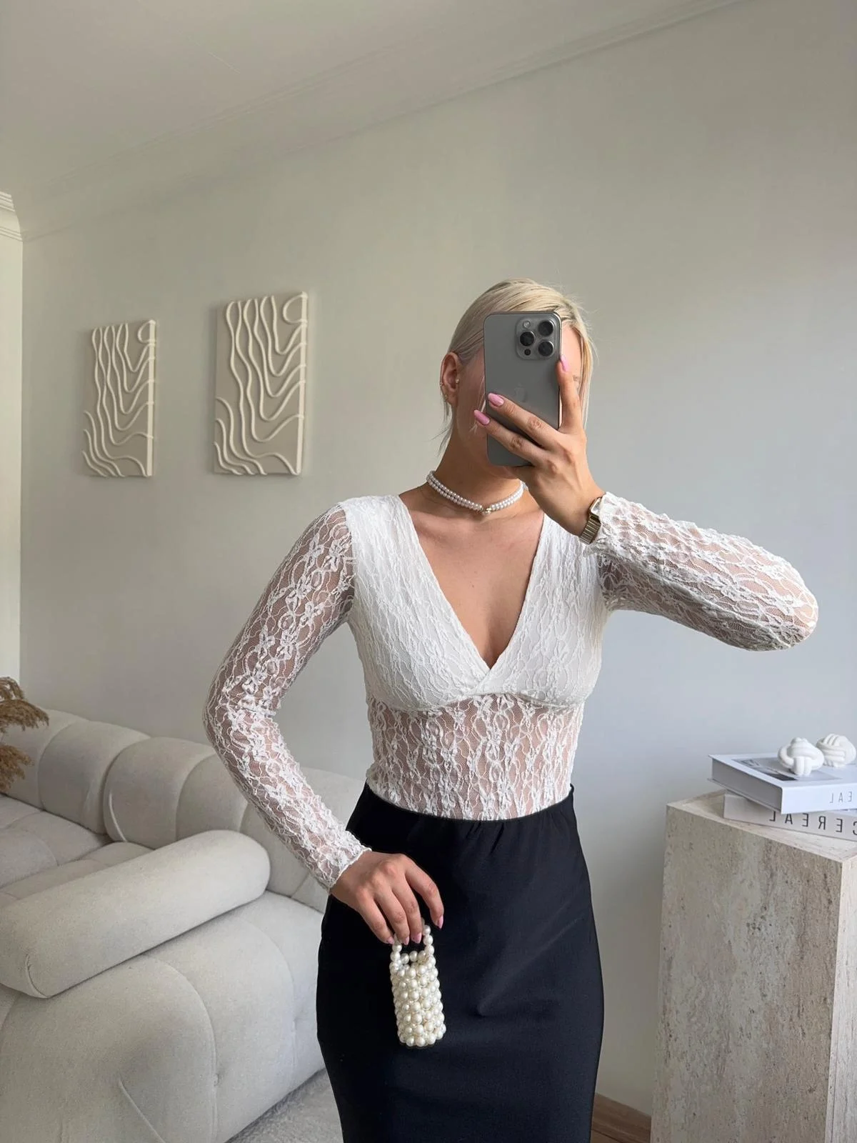 Uzun Kollu Dantel Bodysuit - BEYAZ