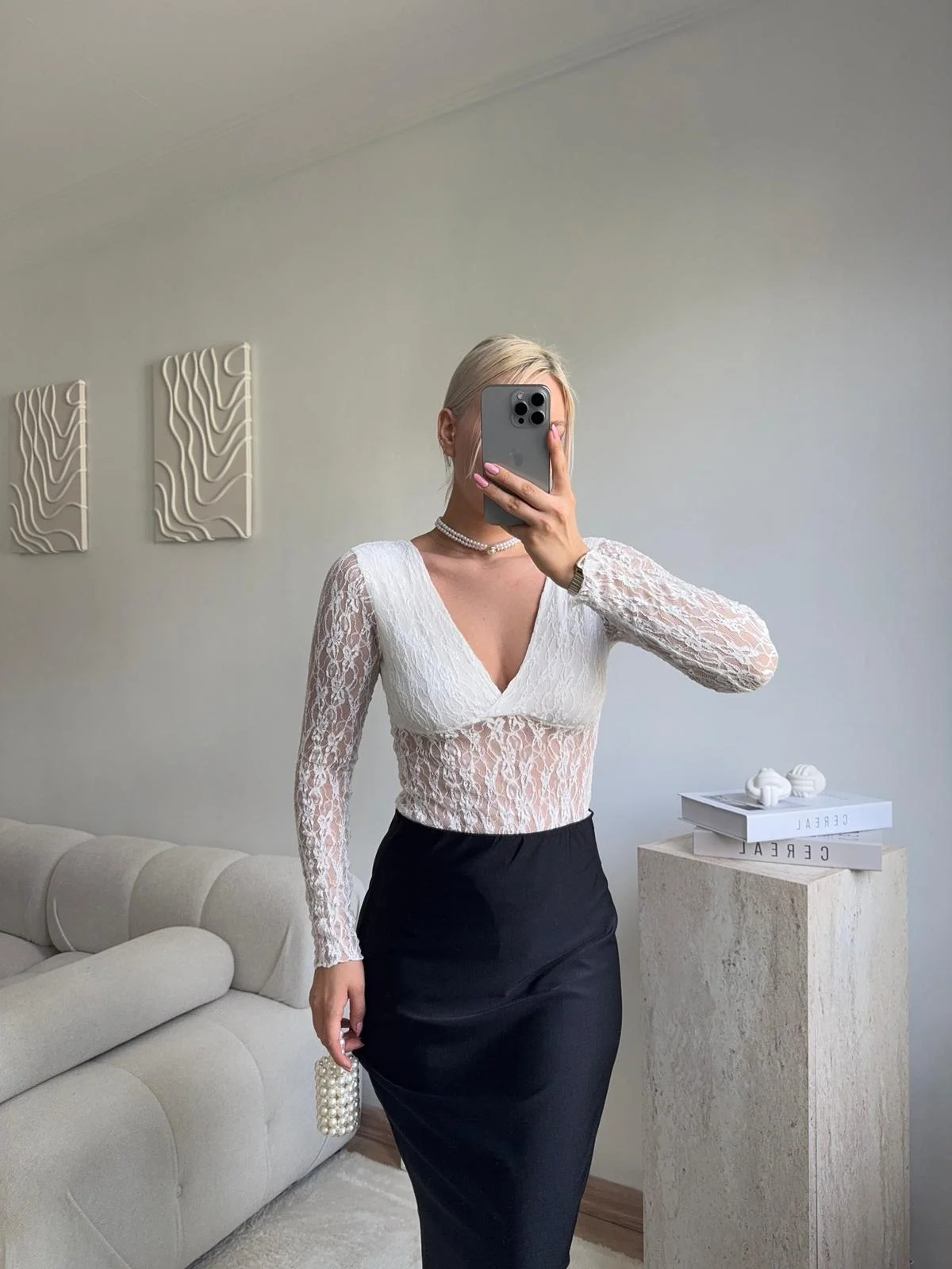 Uzun Kollu Dantel Bodysuit - BEYAZ