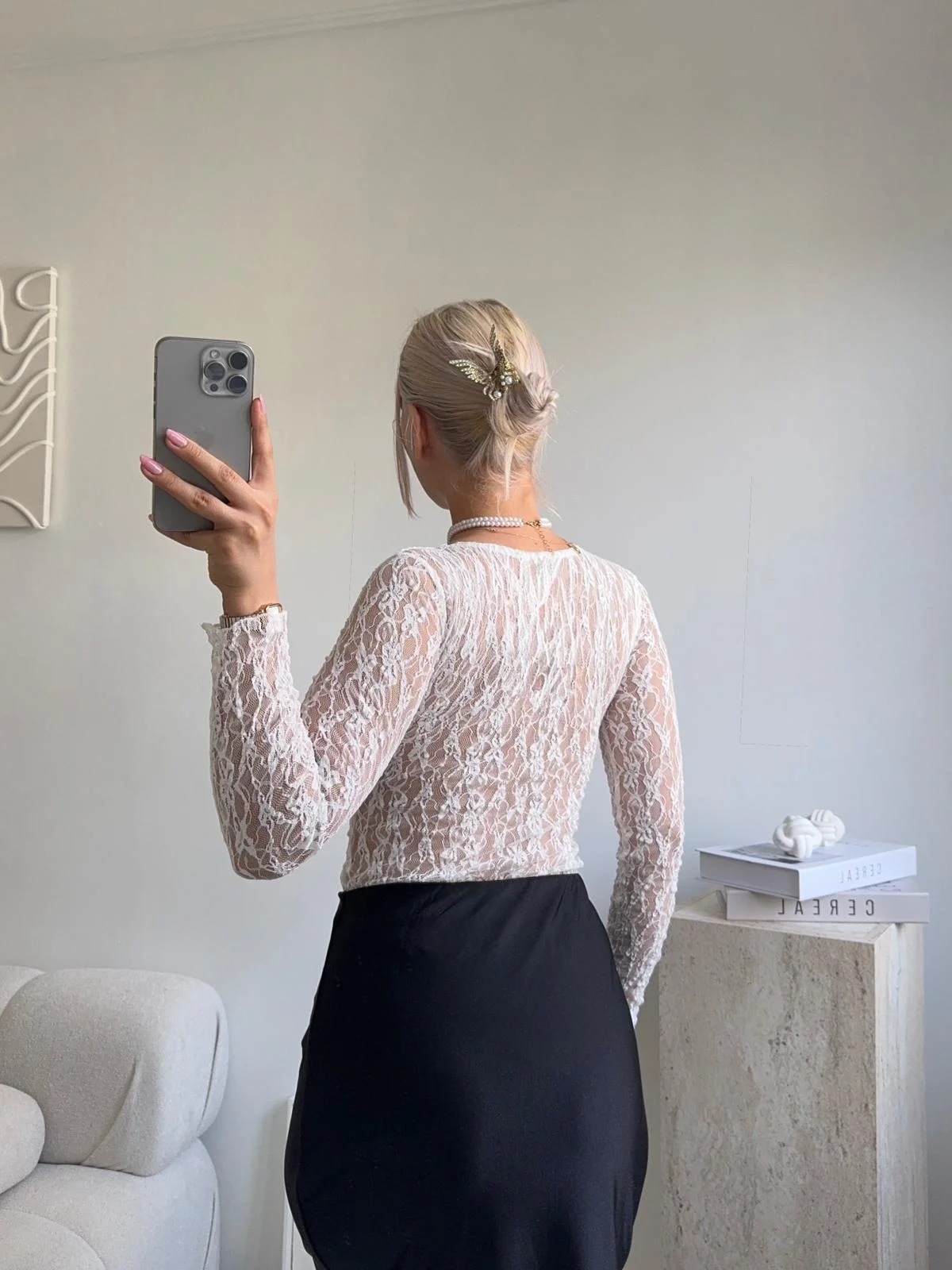 Uzun Kollu Dantel Bodysuit - BEYAZ