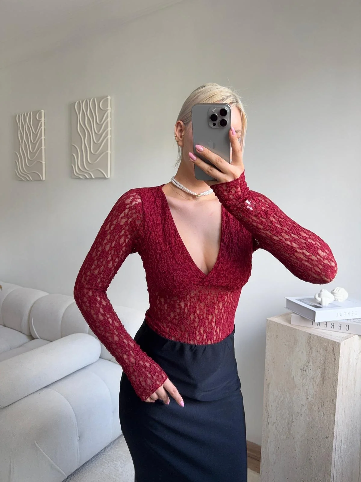 Uzun Kollu Dantel Bodysuit - BORDO