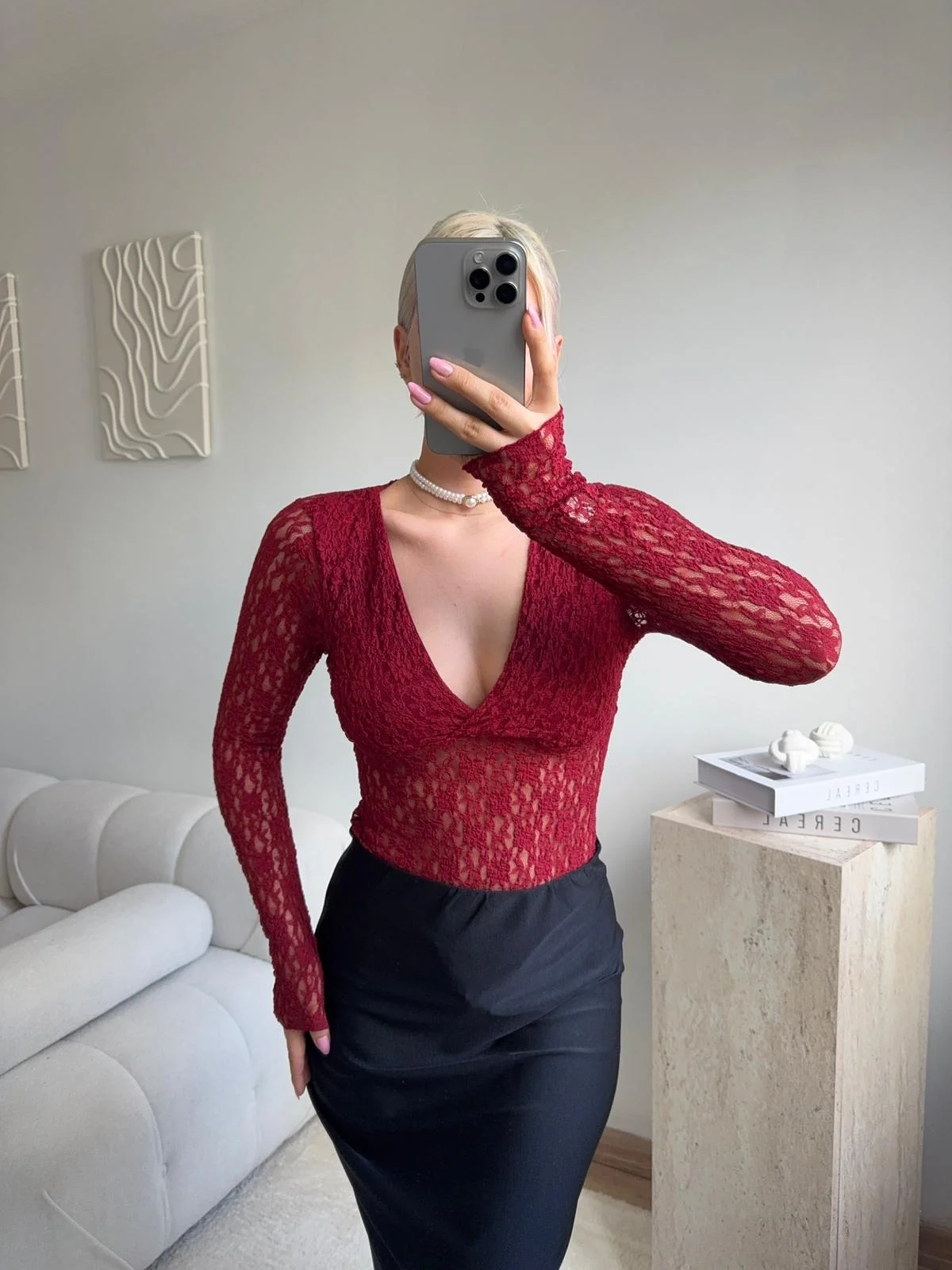 Uzun Kollu Dantel Bodysuit - BORDO