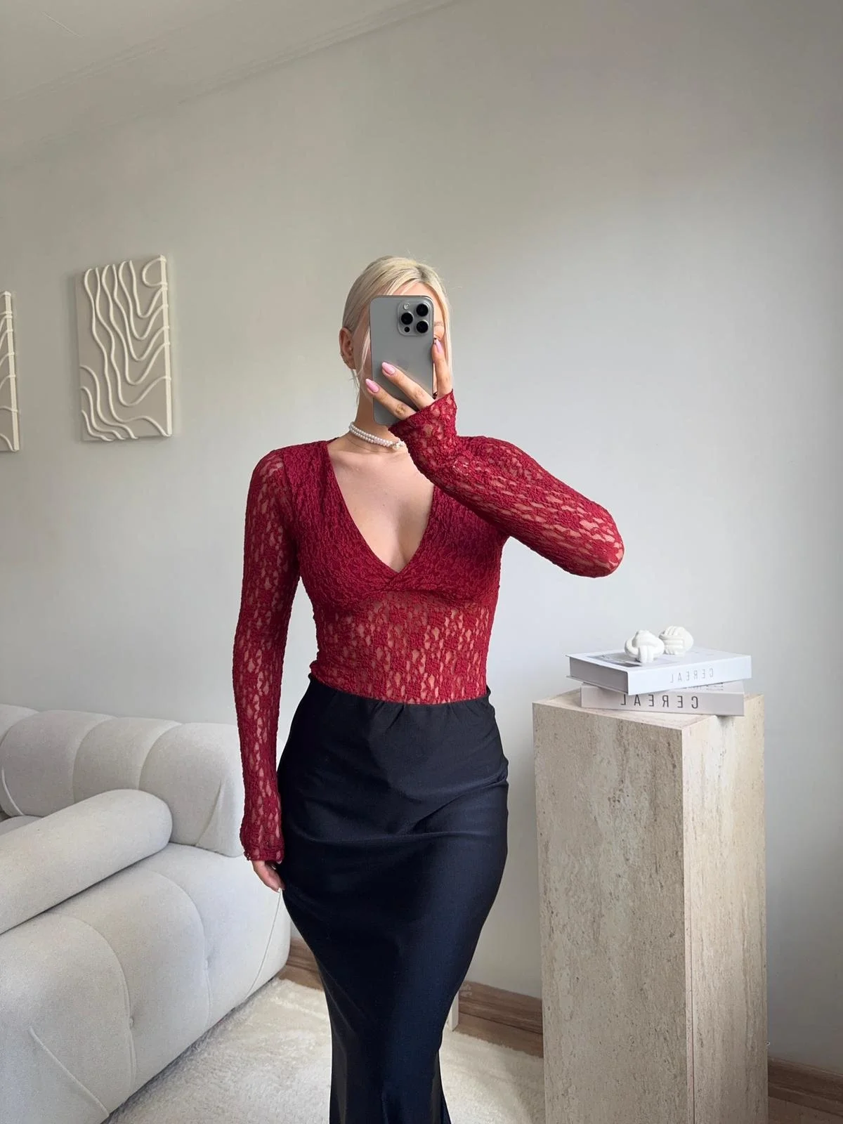 Uzun Kollu Dantel Bodysuit - BORDO