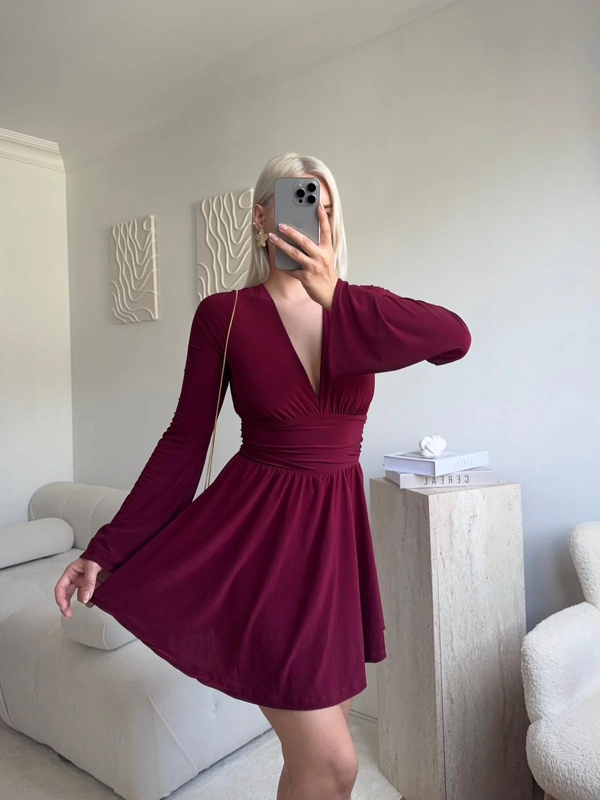 V Dekolte Şortlu Elbise - BORDO