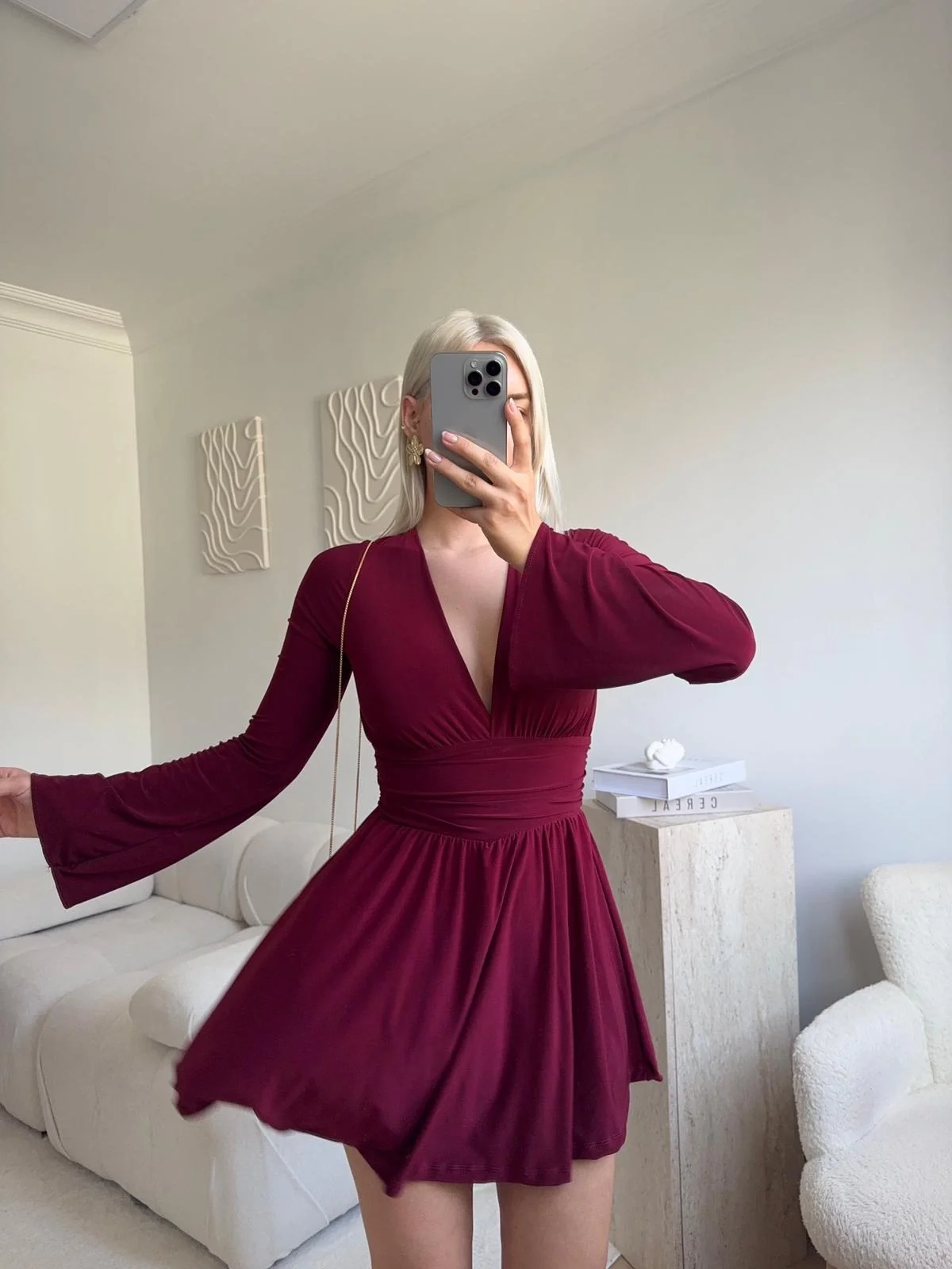 V Dekolte Şortlu Elbise - BORDO