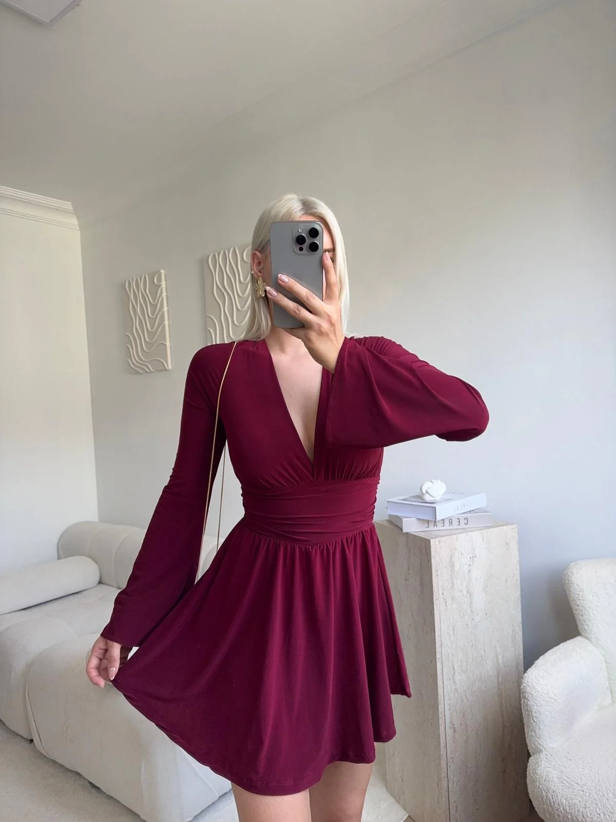V Dekolte Şortlu Elbise - BORDO