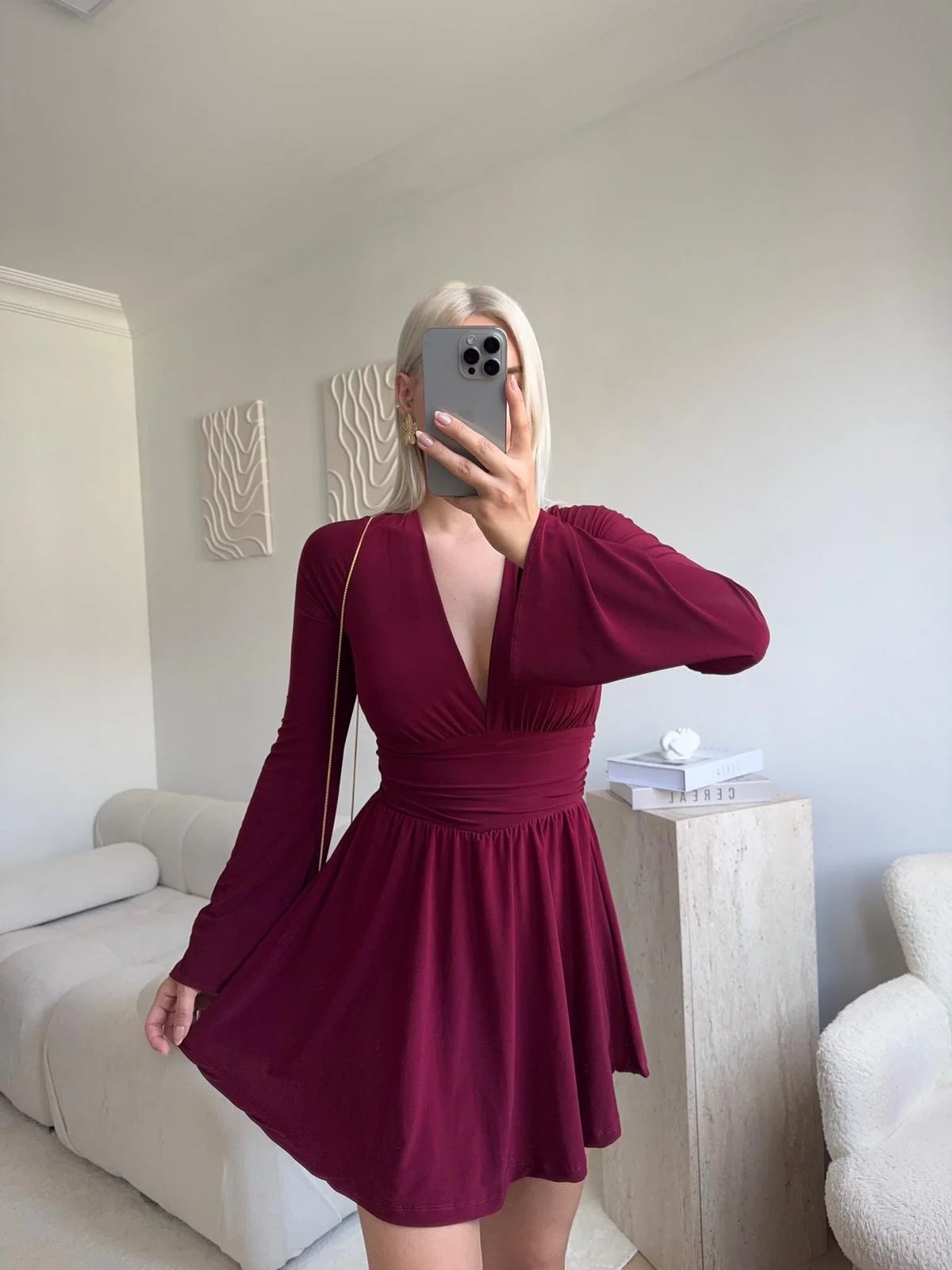V Dekolte Şortlu Elbise - BORDO