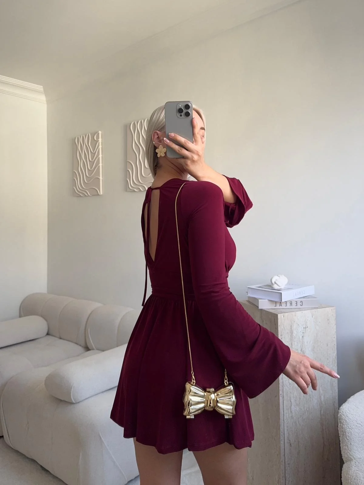 V Dekolte Şortlu Elbise - BORDO