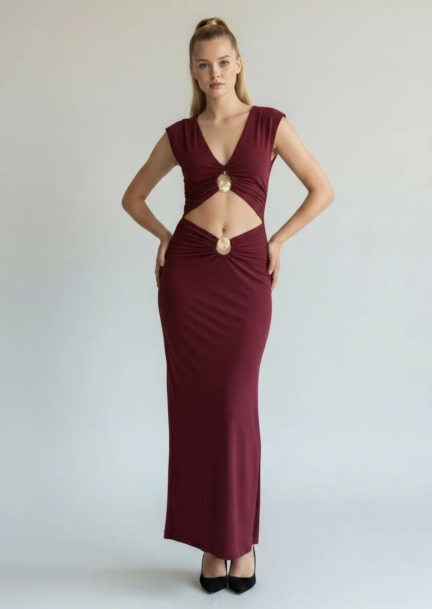 V Yaka Pencere Detay Elbise - BORDO