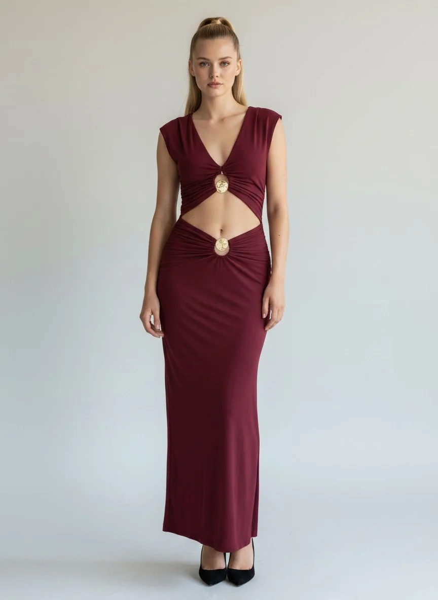 V Yaka Pencere Detay Elbise - BORDO