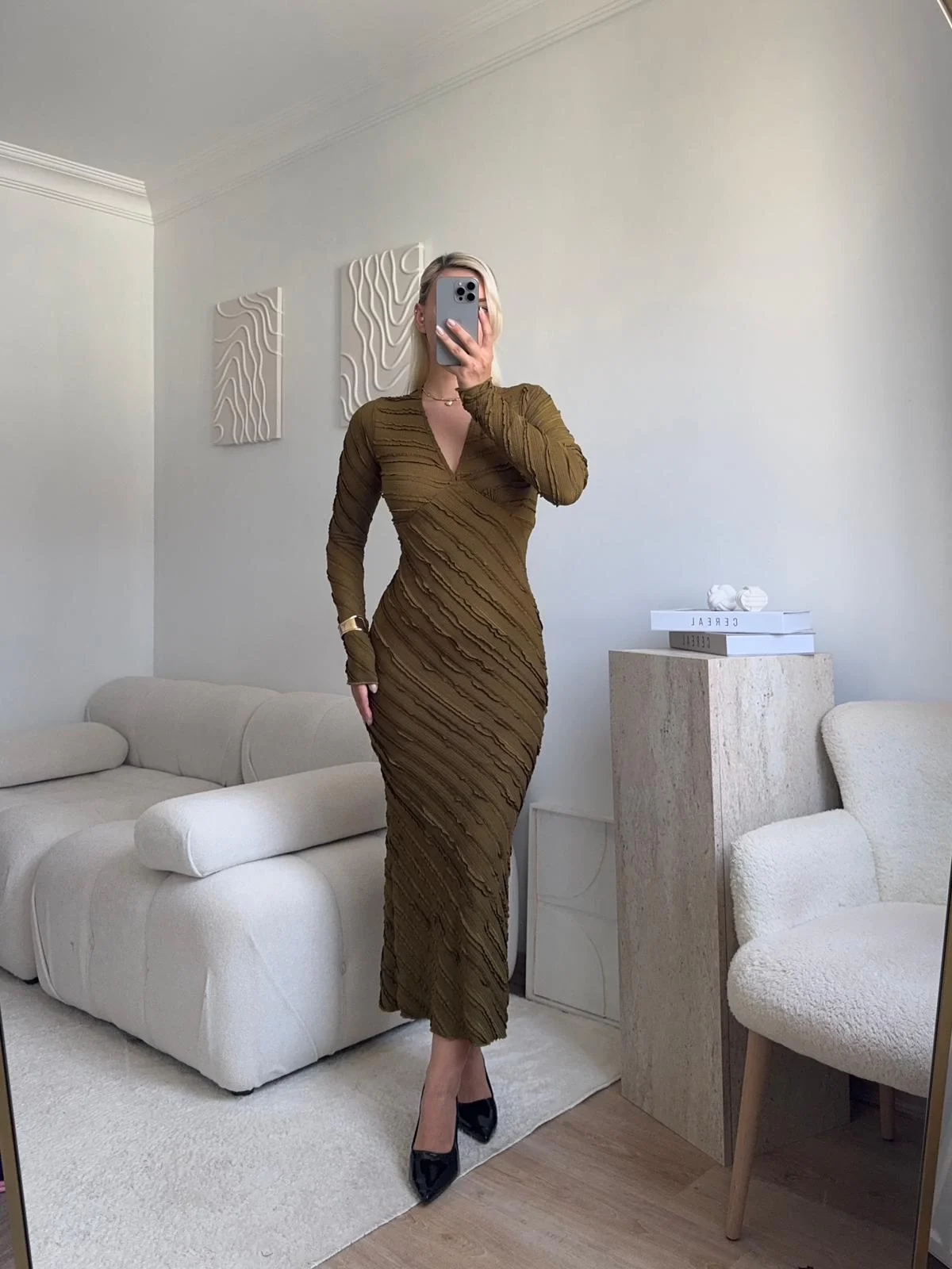 V Yaka Ters Dikiş Elbise - HAKİ