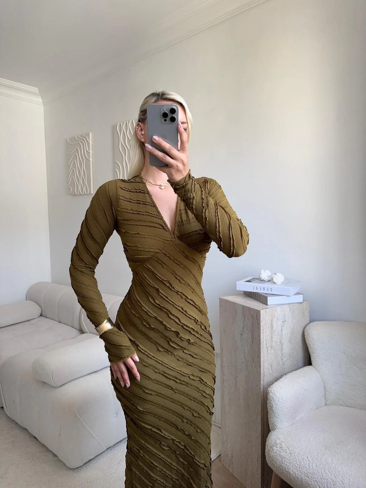 V Yaka Ters Dikiş Elbise - HAKİ