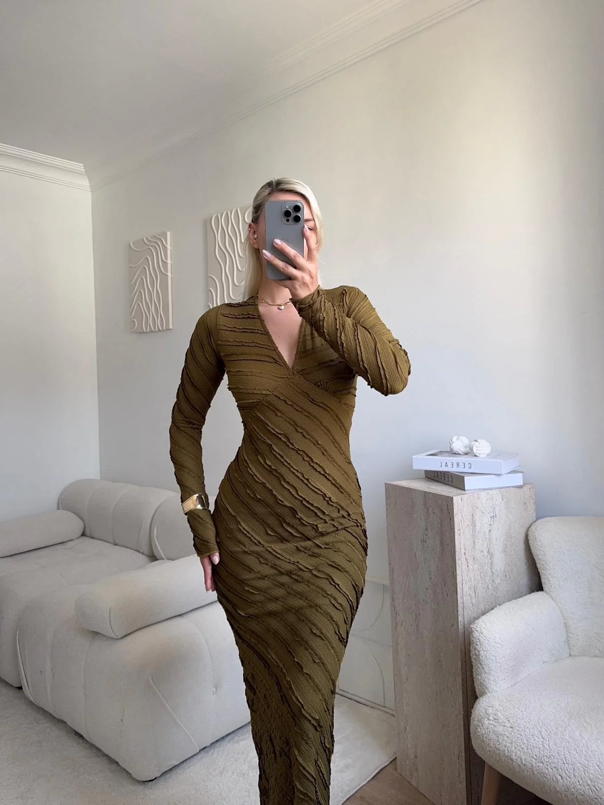 V Yaka Ters Dikiş Elbise - HAKİ