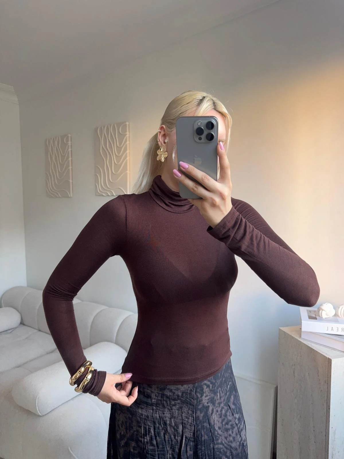 Yüksek Yaka Transparan Bluz- KAHVE