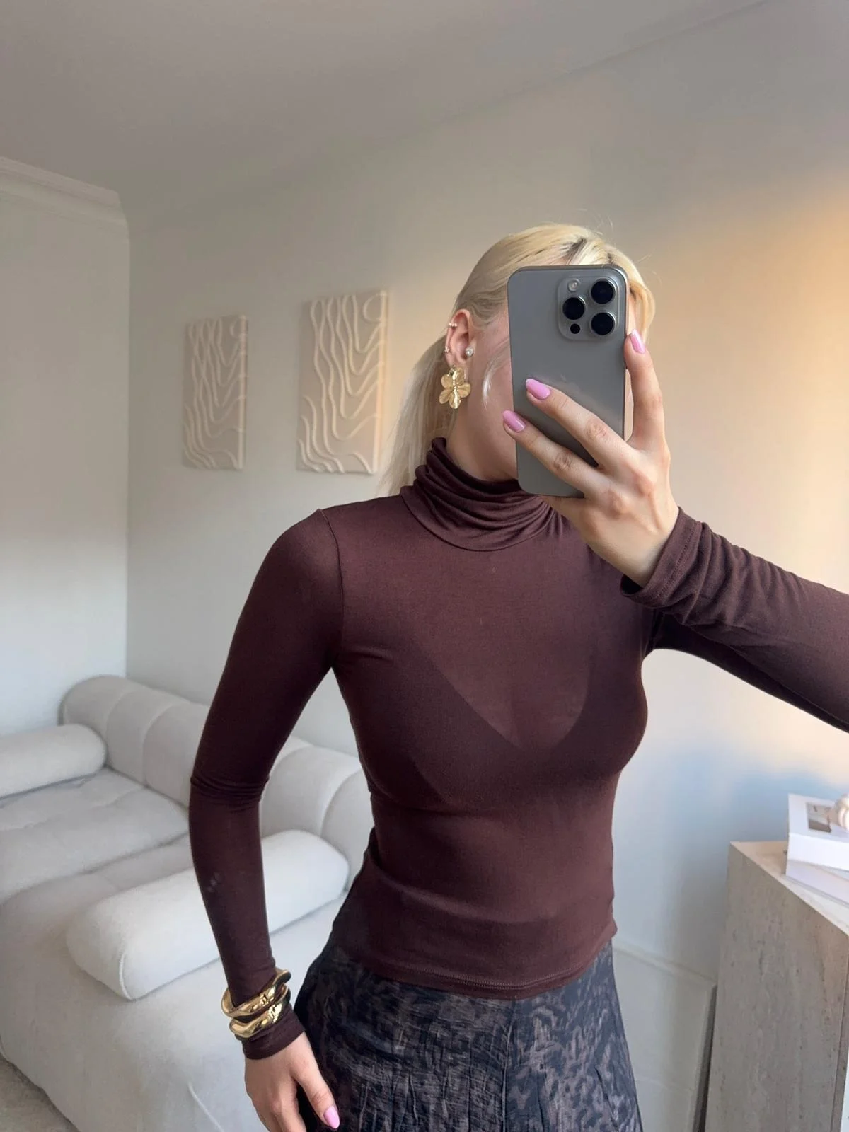 Yüksek Yaka Transparan Bluz- KAHVE