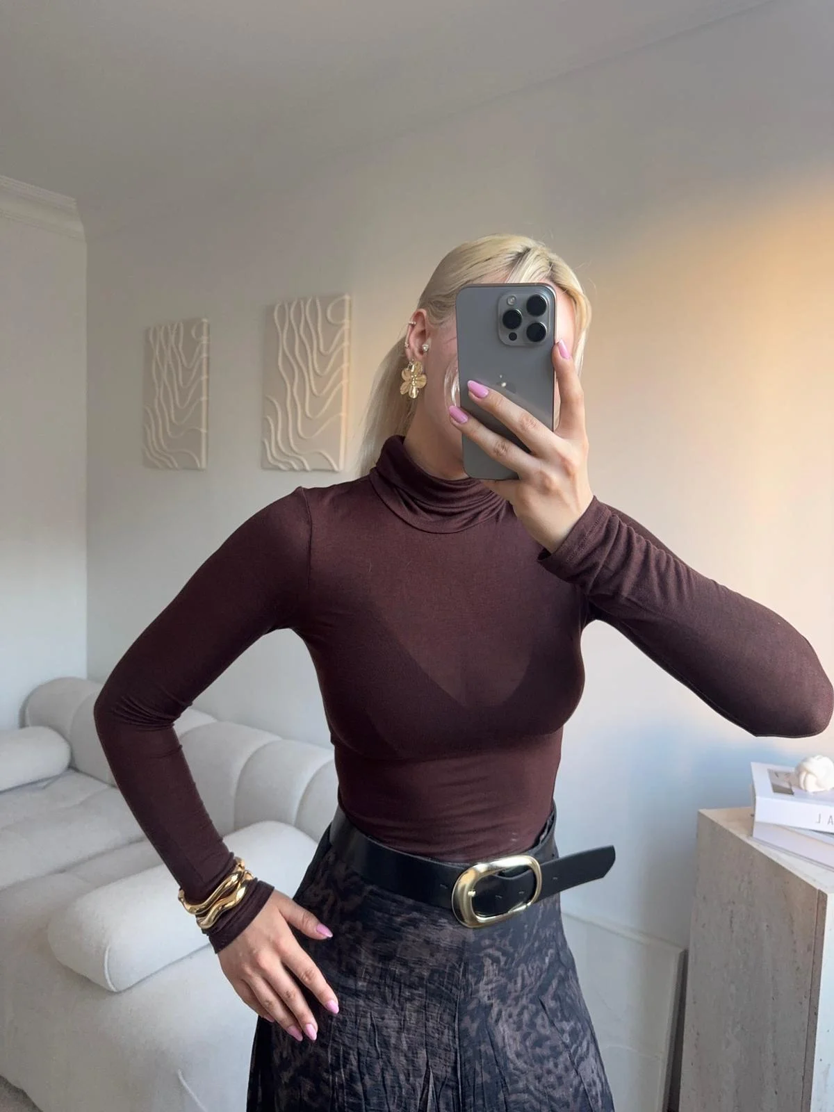 Yüksek Yaka Transparan Bluz- KAHVE