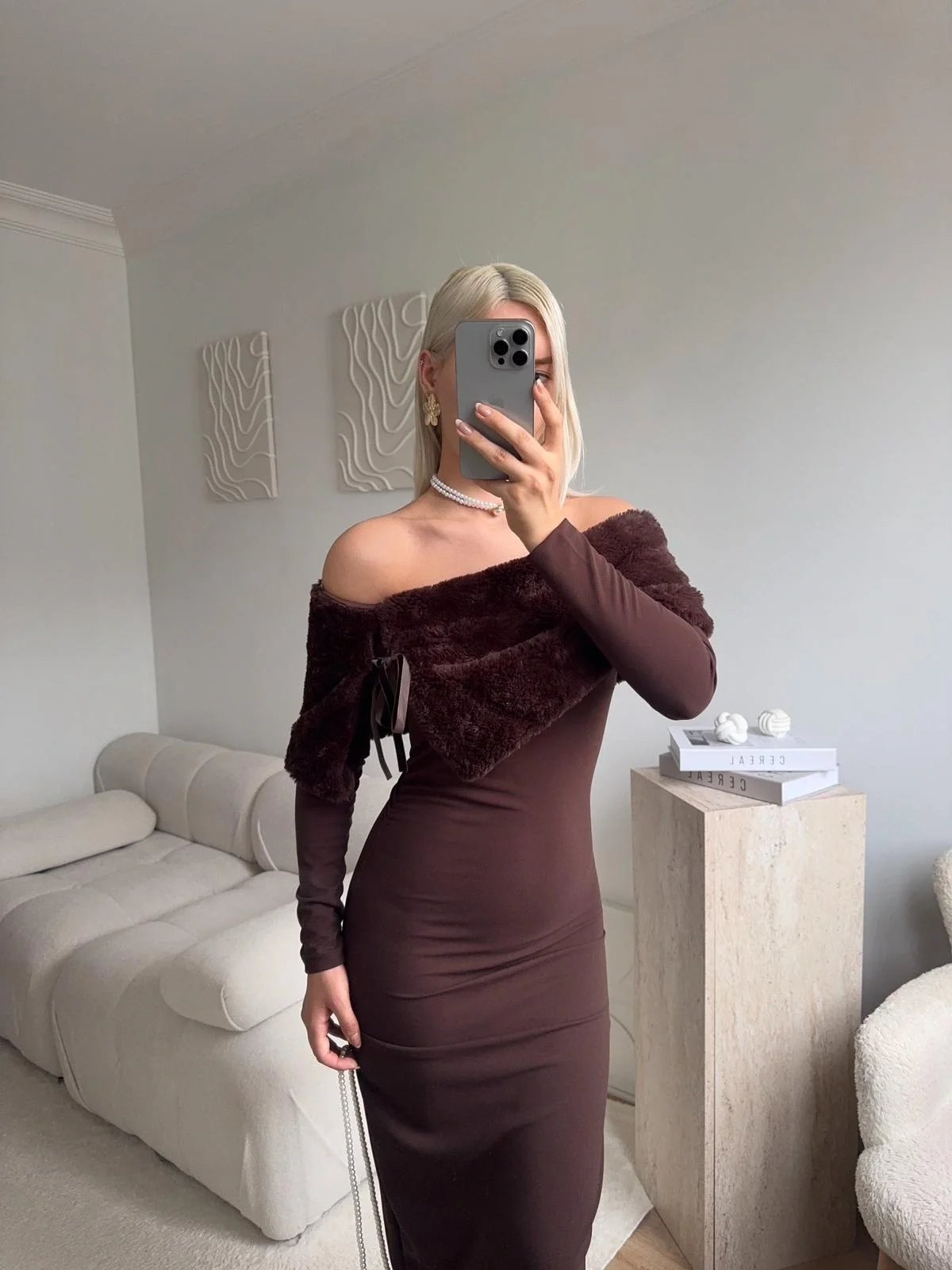 Velvet Charm Elbise - KAHVE