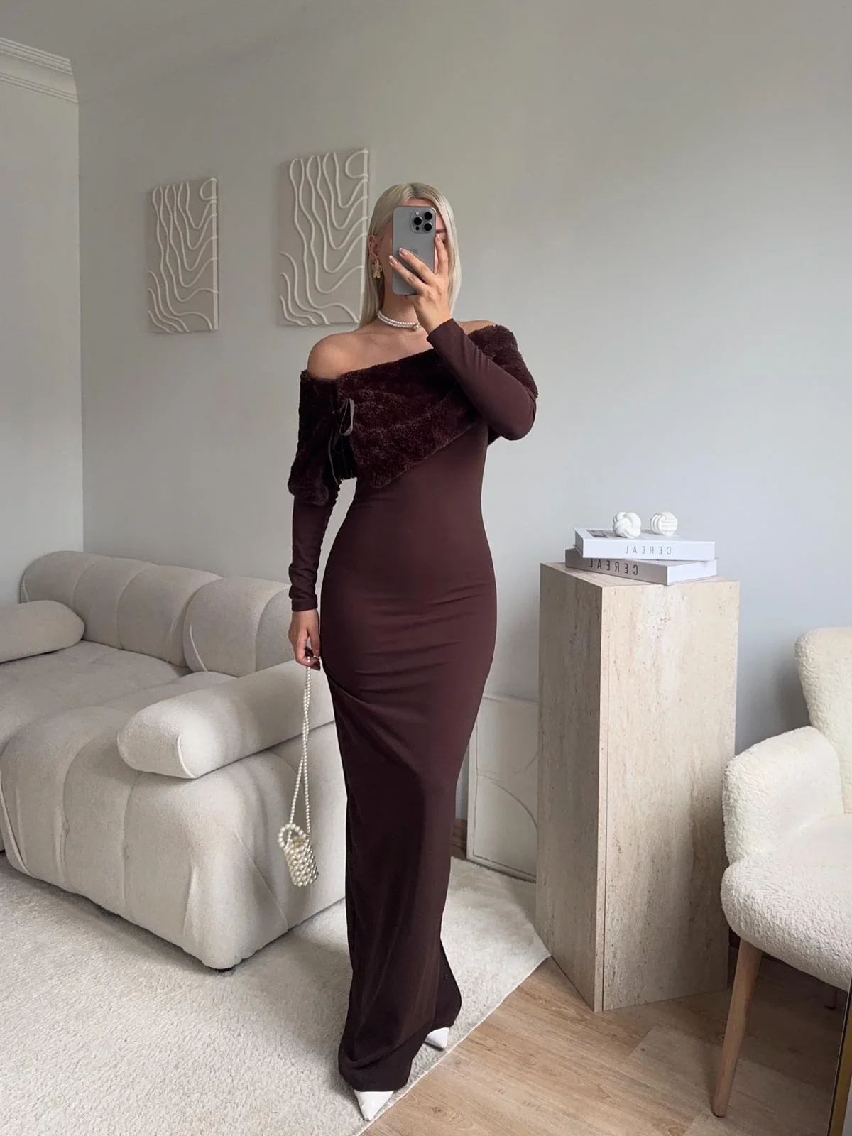 Velvet Charm Elbise - KAHVE