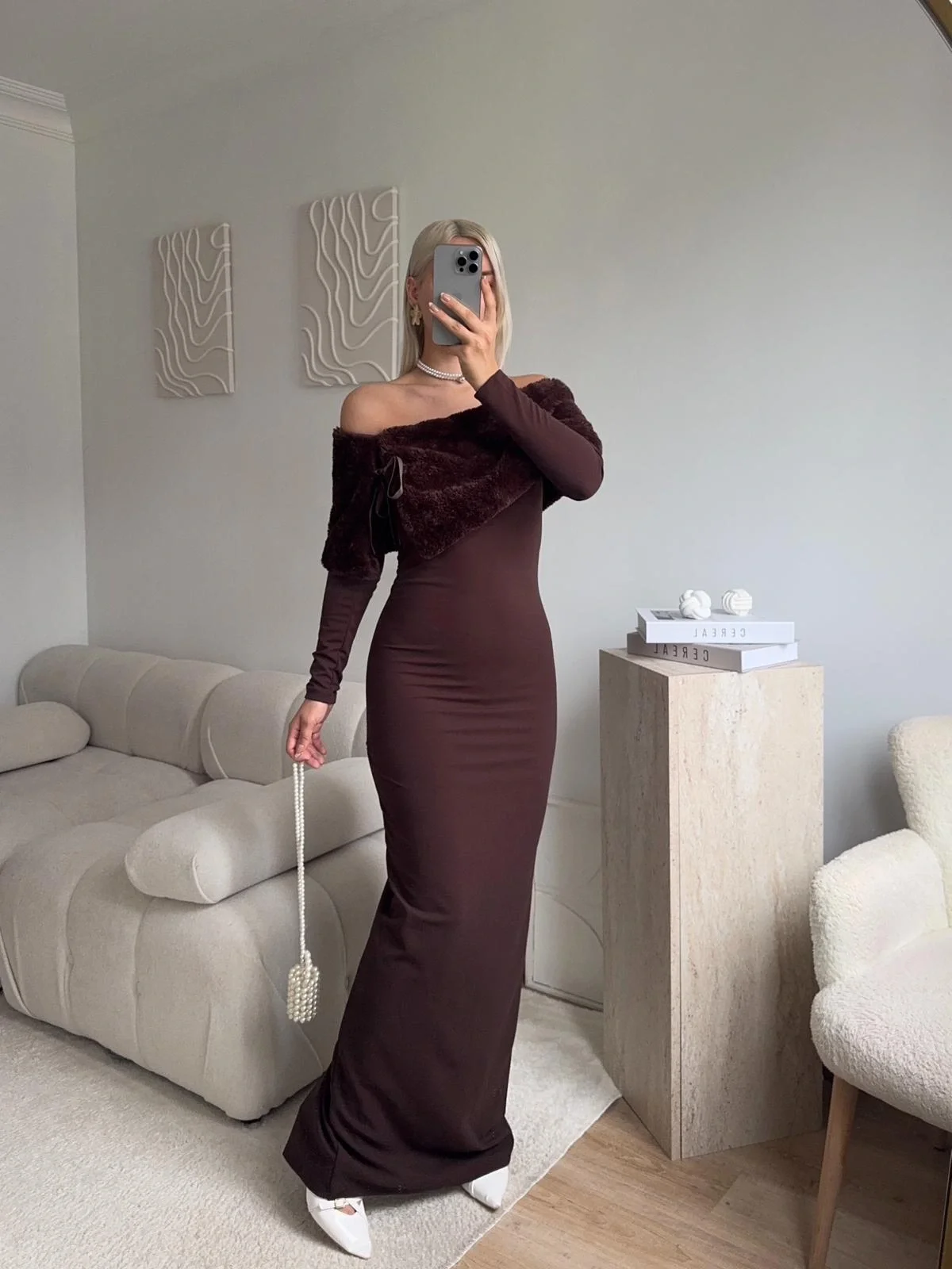 Velvet Charm Elbise - KAHVE