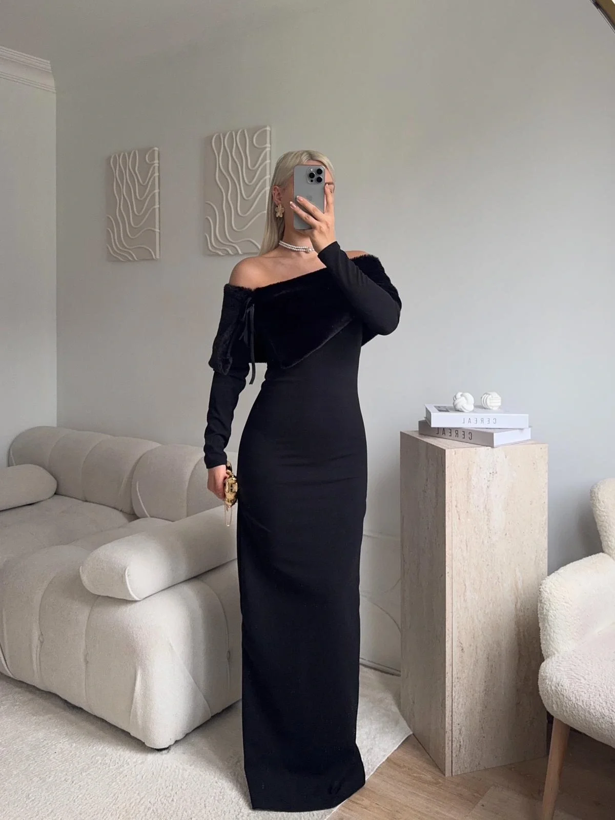 Velvet Charm Elbise - SİYAH