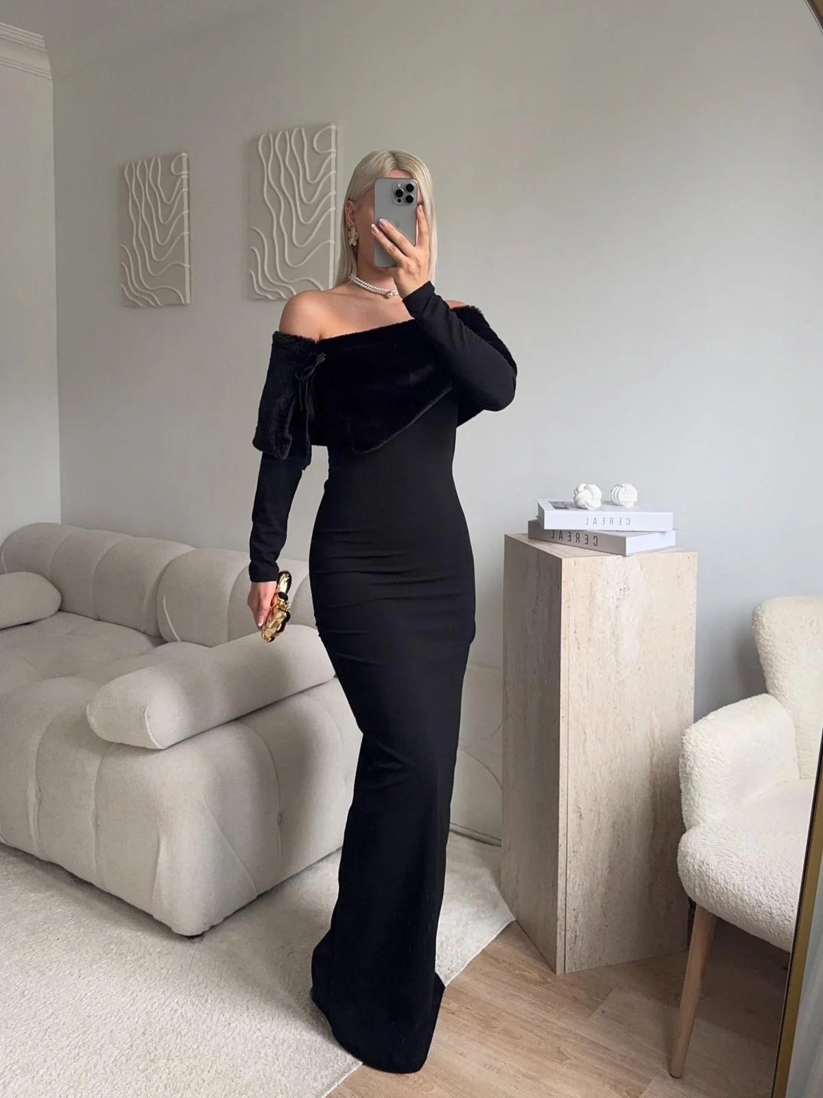 Velvet Charm Elbise - SİYAH