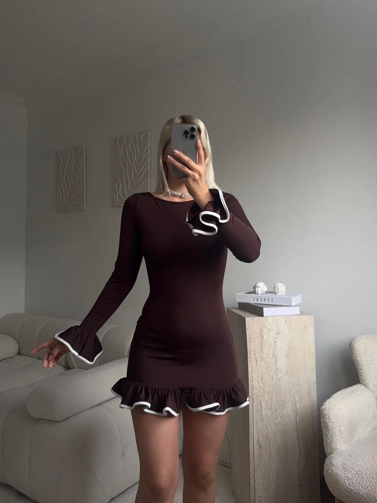 Volan Detaylı Elbise - KAHVE