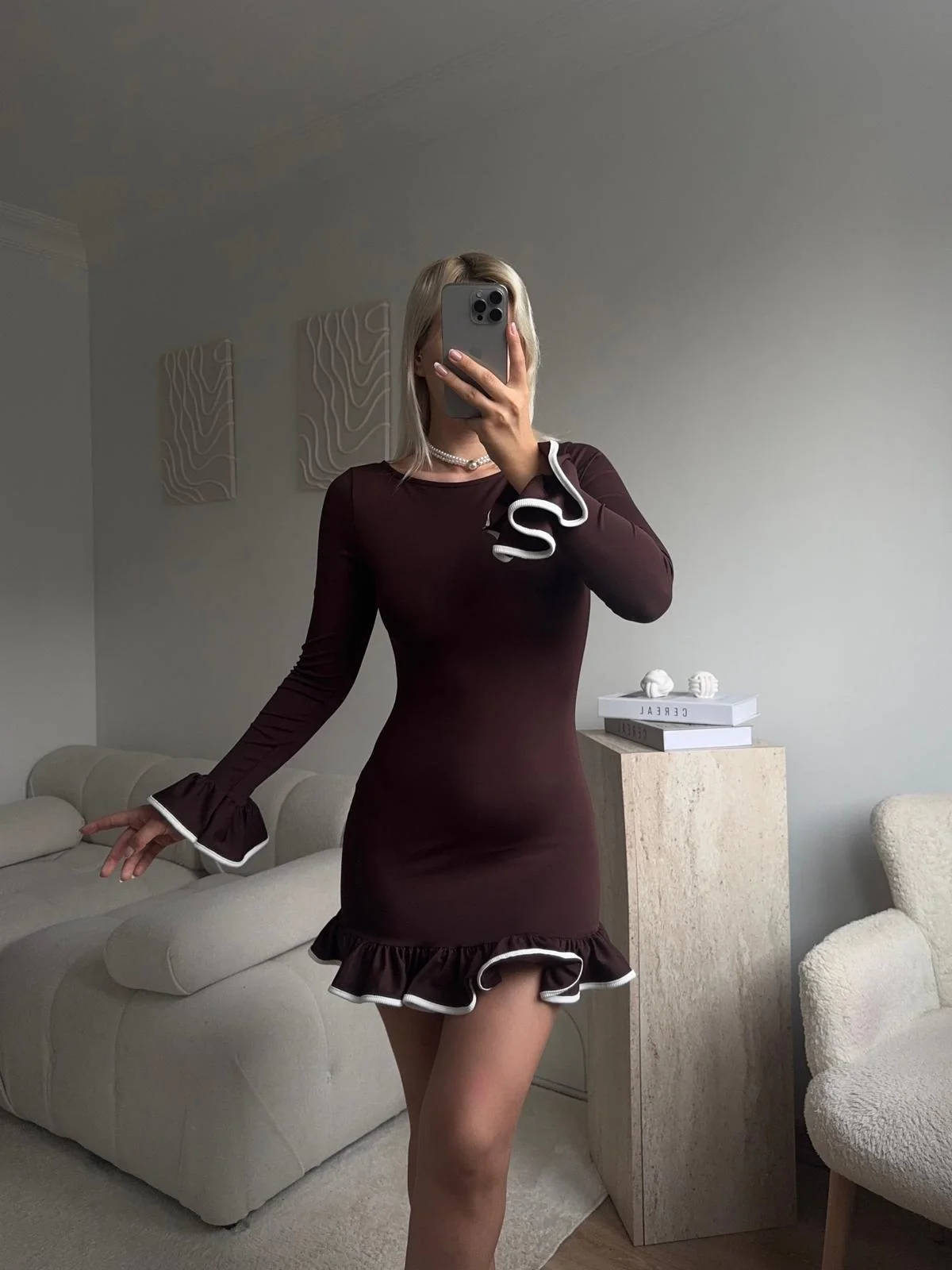 Volan Detaylı Elbise - KAHVE