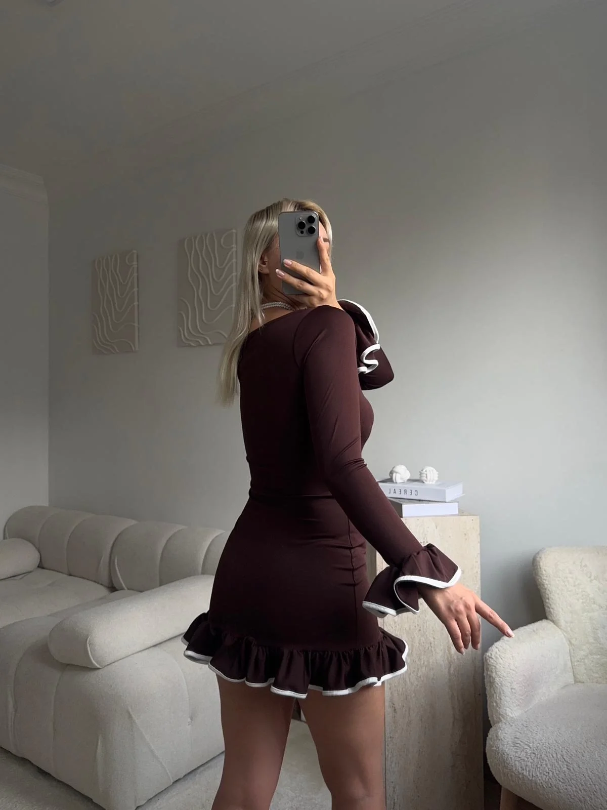 Volan Detaylı Elbise - KAHVE