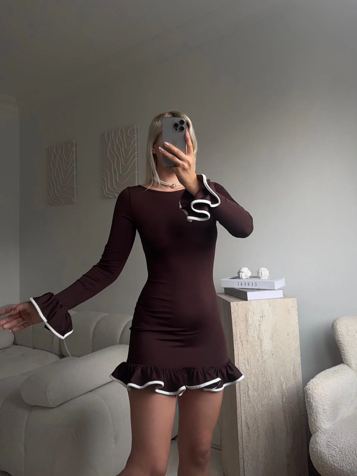 Volan Detaylı Elbise - KAHVE