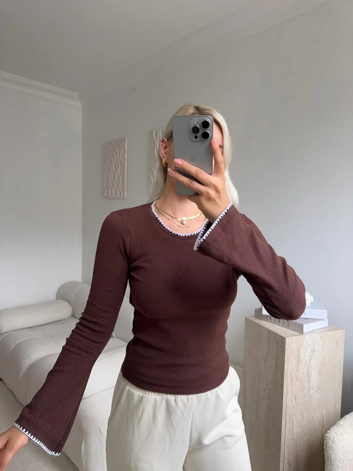 Volan Kol Kontrast Bluz - KAHVE