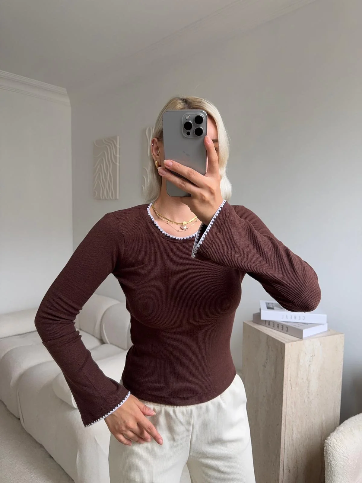 Volan Kol Kontrast Bluz - KAHVE