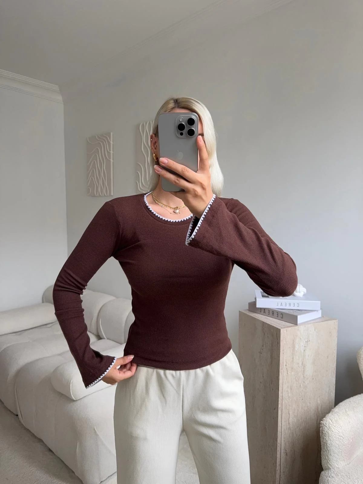 Volan Kol Kontrast Bluz - KAHVE