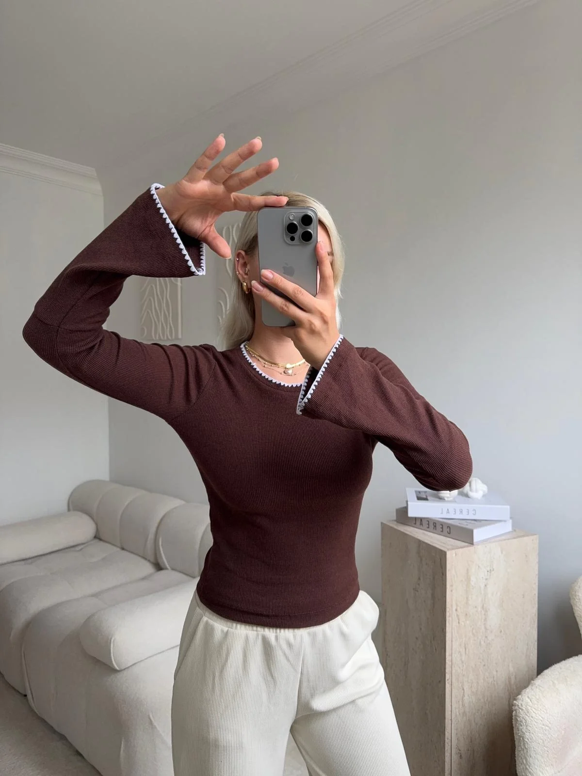 Volan Kol Kontrast Bluz - KAHVE