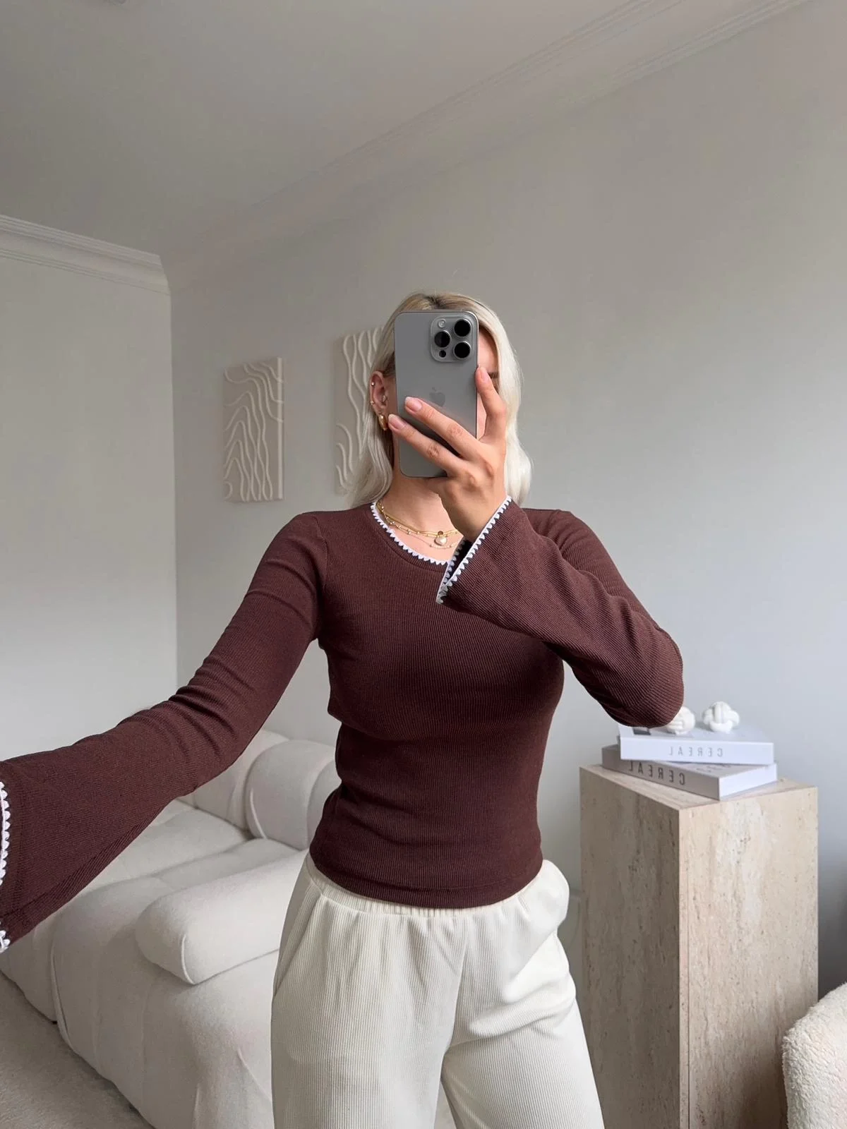 Volan Kol Kontrast Bluz - KAHVE