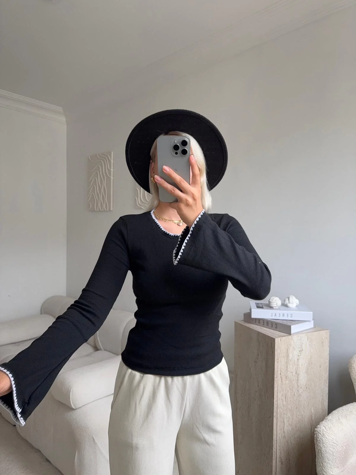 Volan Kol Kontrast Bluz - SİYAH