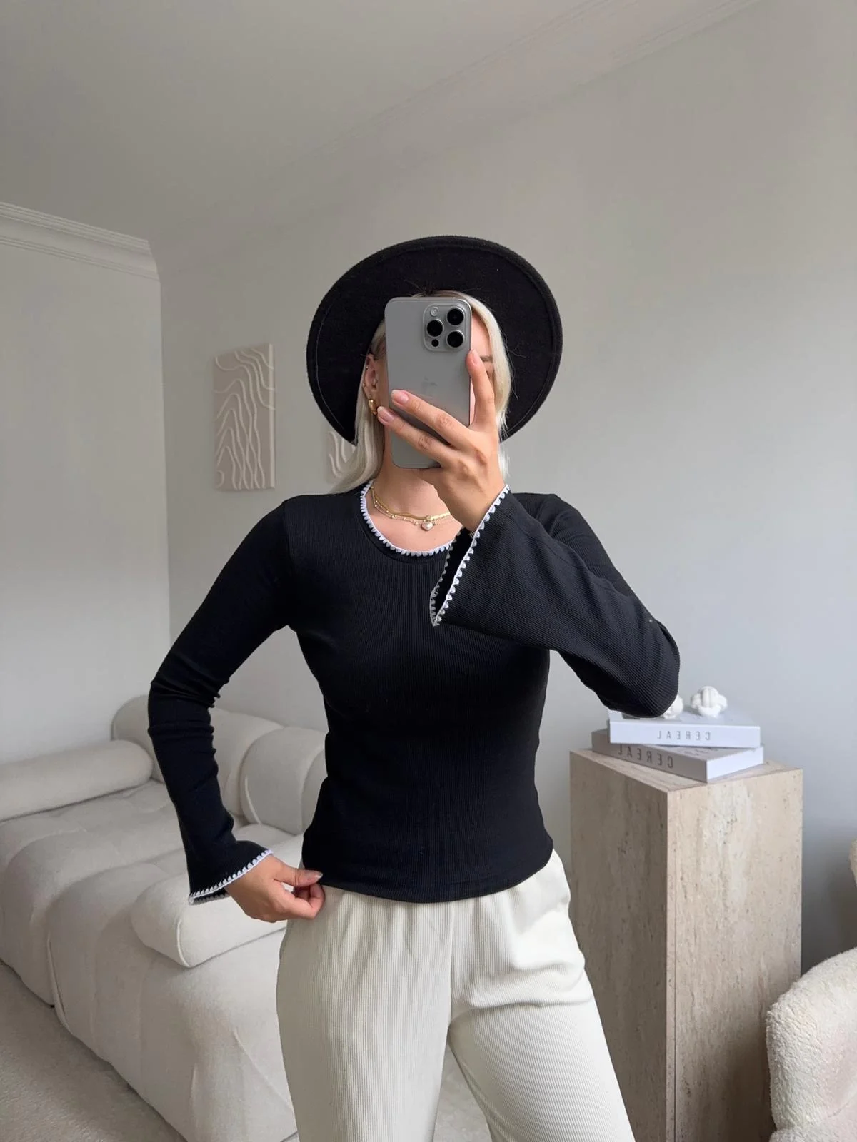 Volan Kol Kontrast Bluz - SİYAH