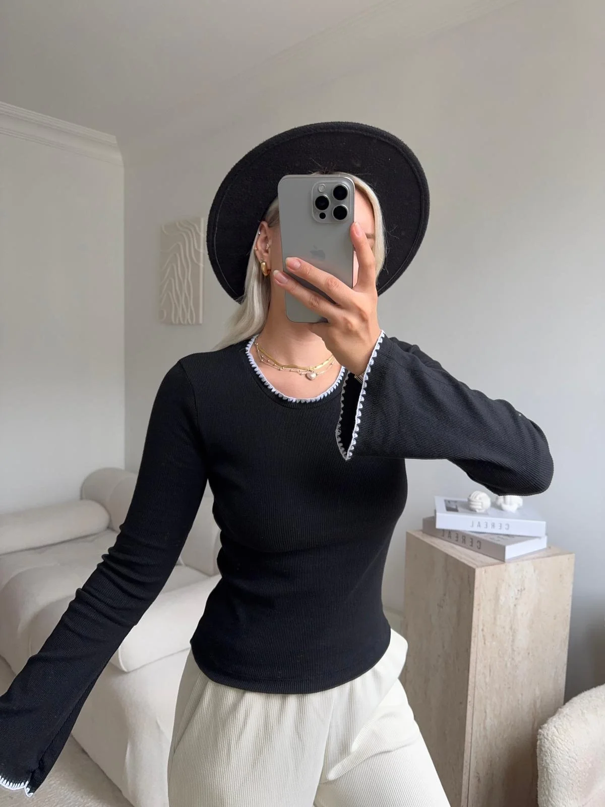 Volan Kol Kontrast Bluz - SİYAH