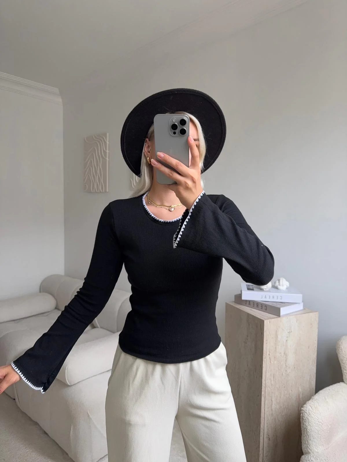 Volan Kol Kontrast Bluz - SİYAH