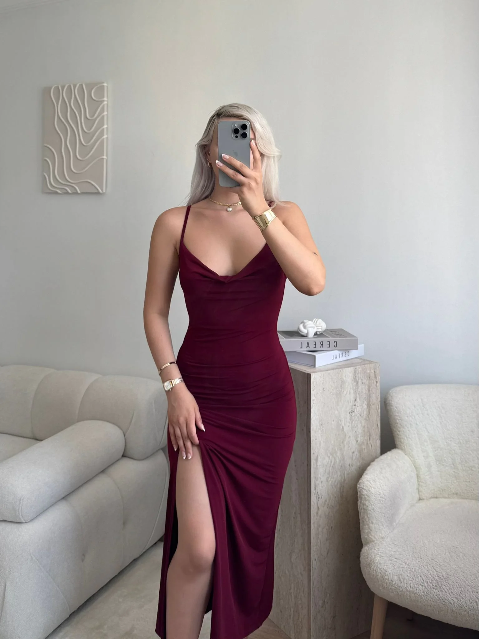 Waterfall Yaka Yırtmaçlı Elbise - Bordo