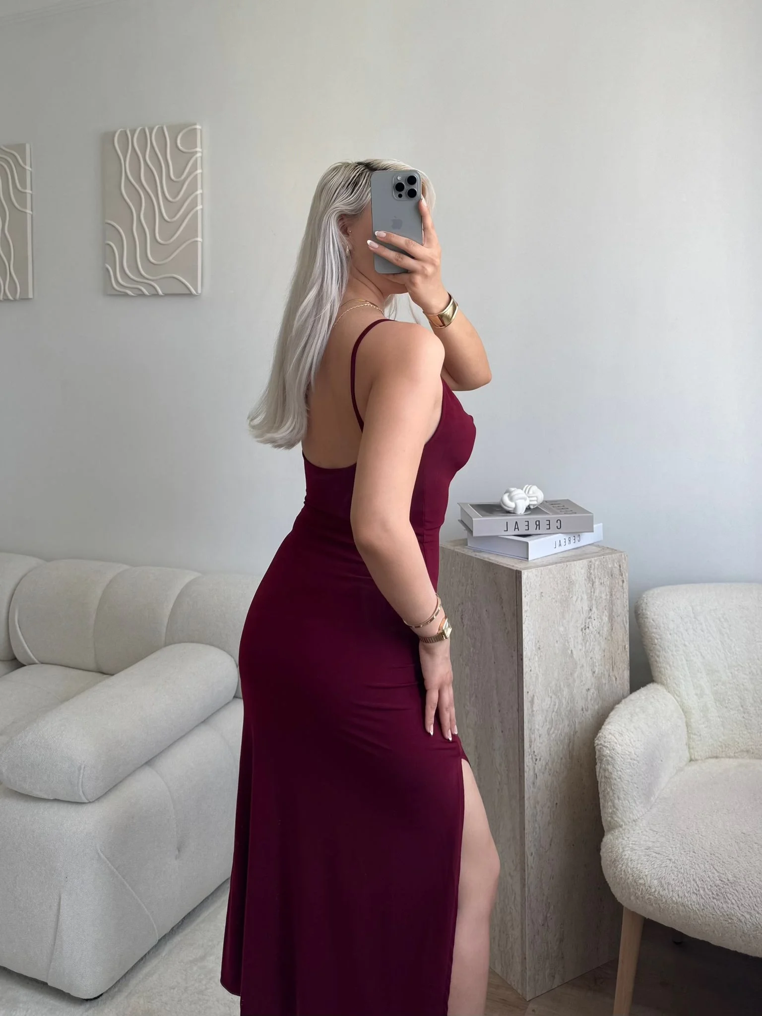 Waterfall Yaka Yırtmaçlı Elbise - Bordo