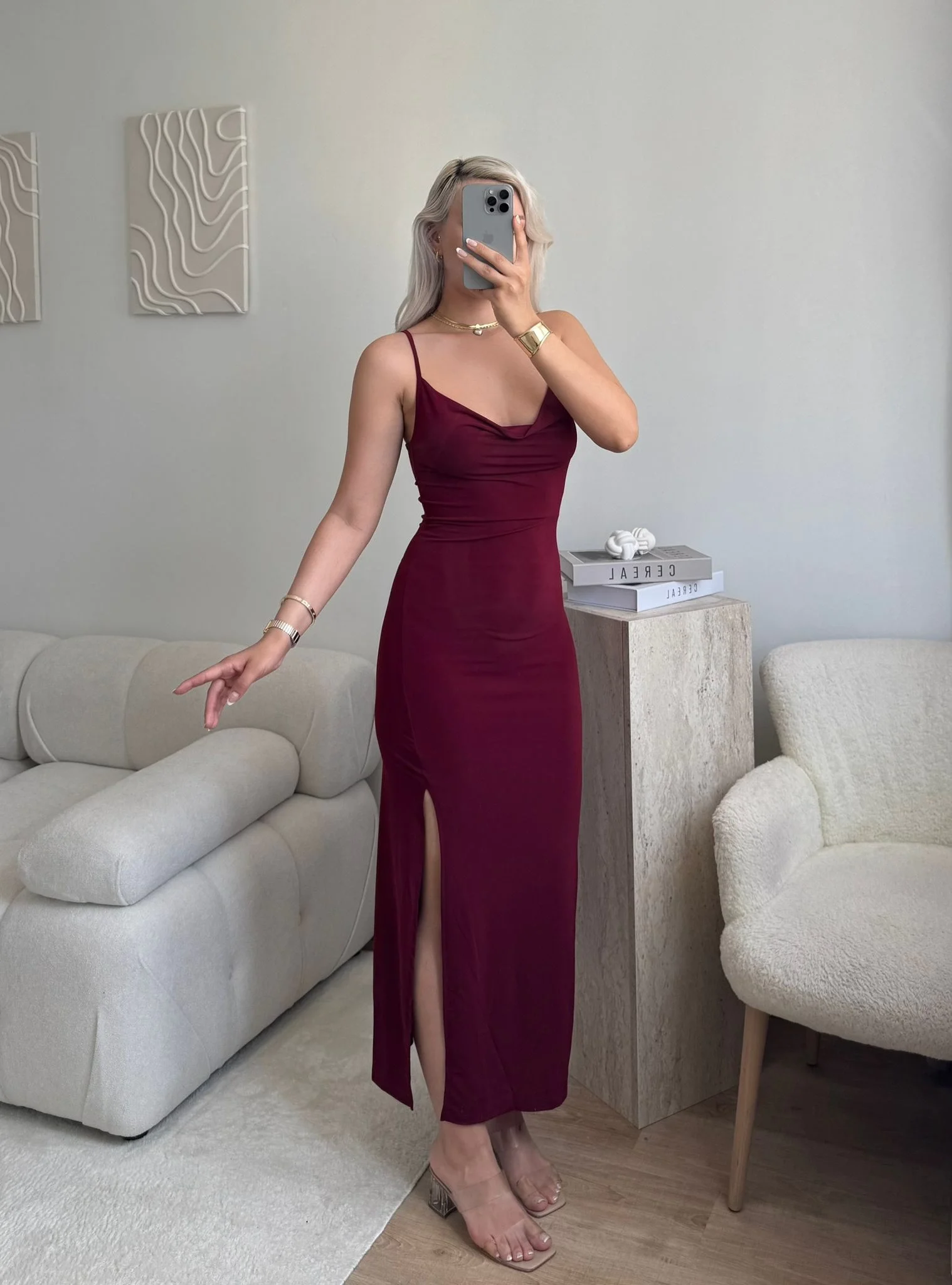 Waterfall Yaka Yırtmaçlı Elbise - Bordo