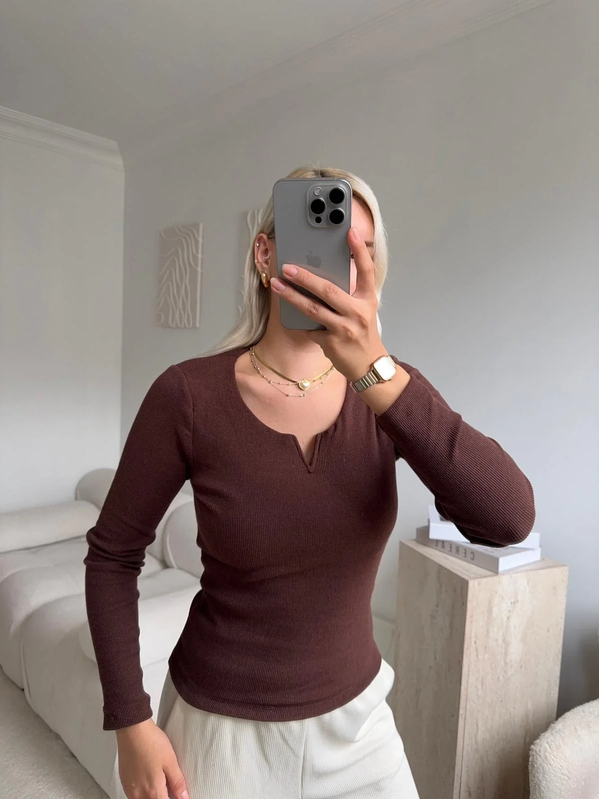 Yaka V Kesik Bluz - KAHVE