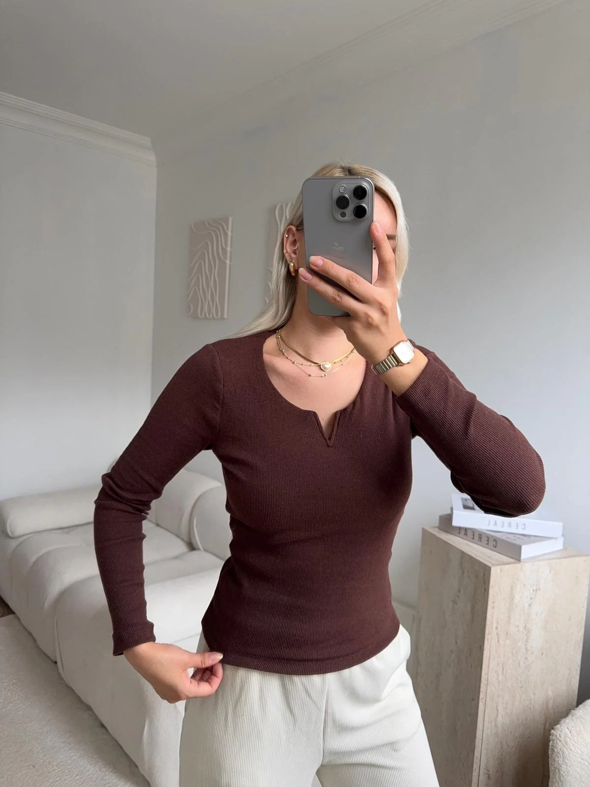 Yaka V Kesik Bluz - KAHVE