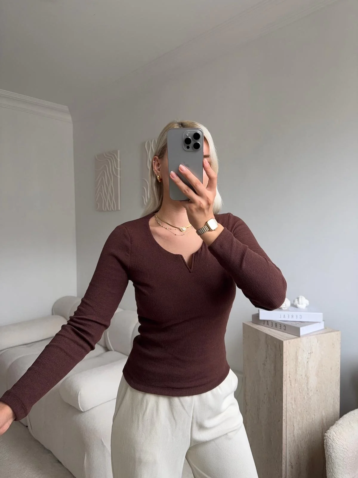 Yaka V Kesik Bluz - KAHVE