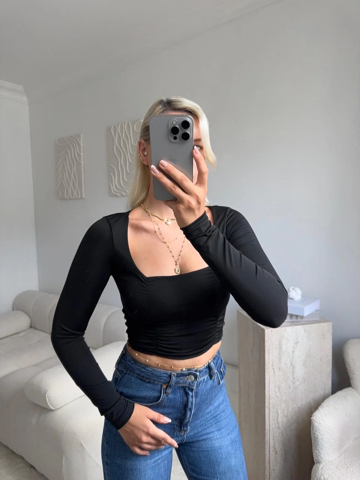 Yan Büzgü Kare Yaka Crop - SİYAH