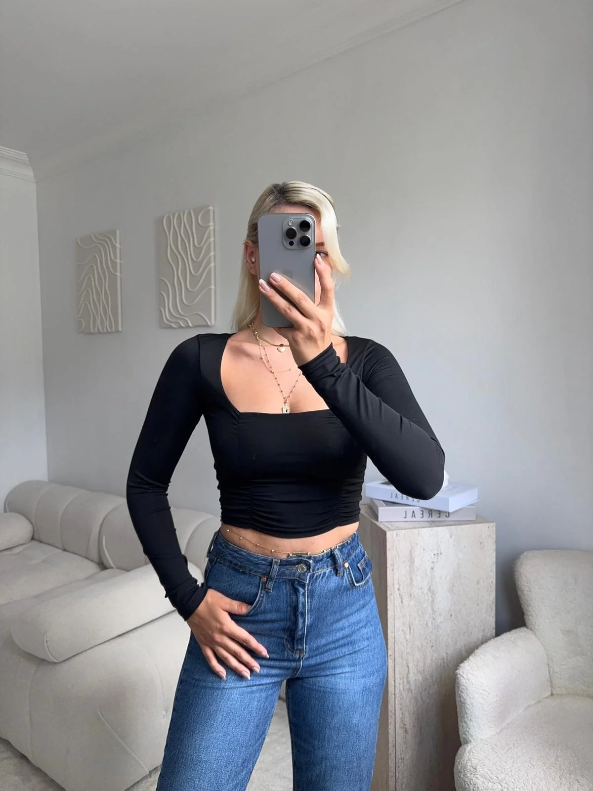 Yan Büzgü Kare Yaka Crop - SİYAH