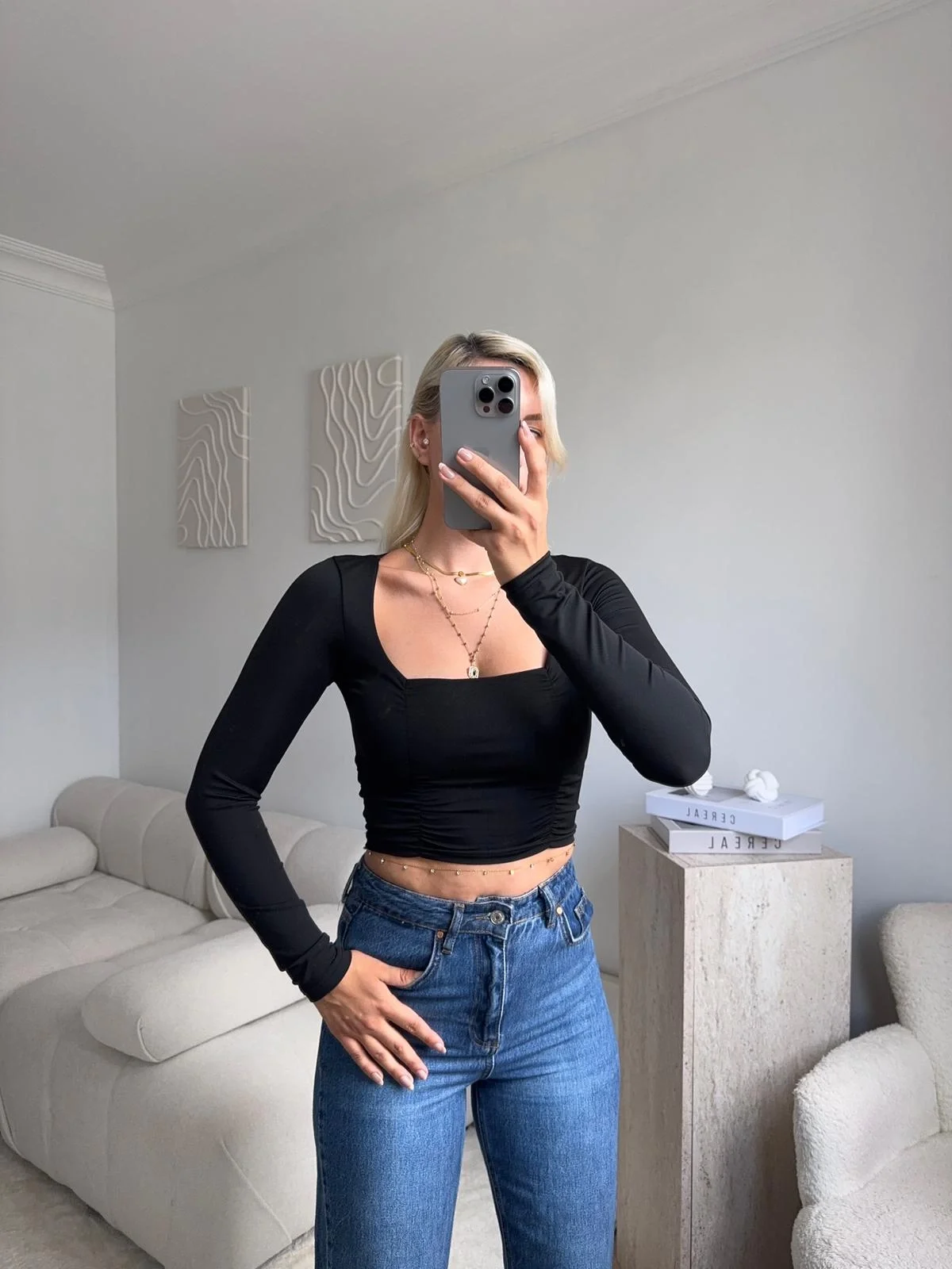 Yan Büzgü Kare Yaka Crop - SİYAH