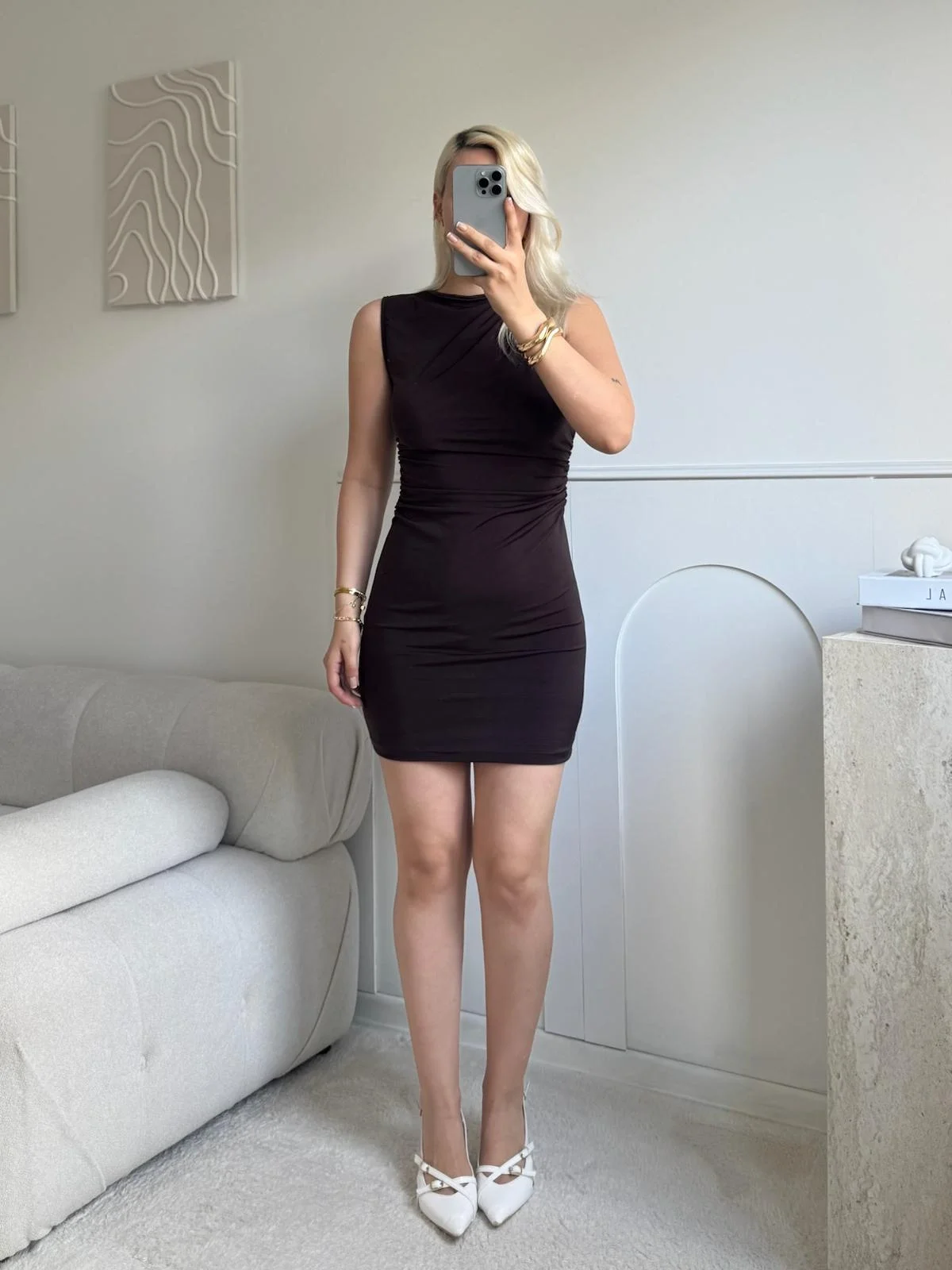 Yan Drapeli Mini Elbise - KAHVE